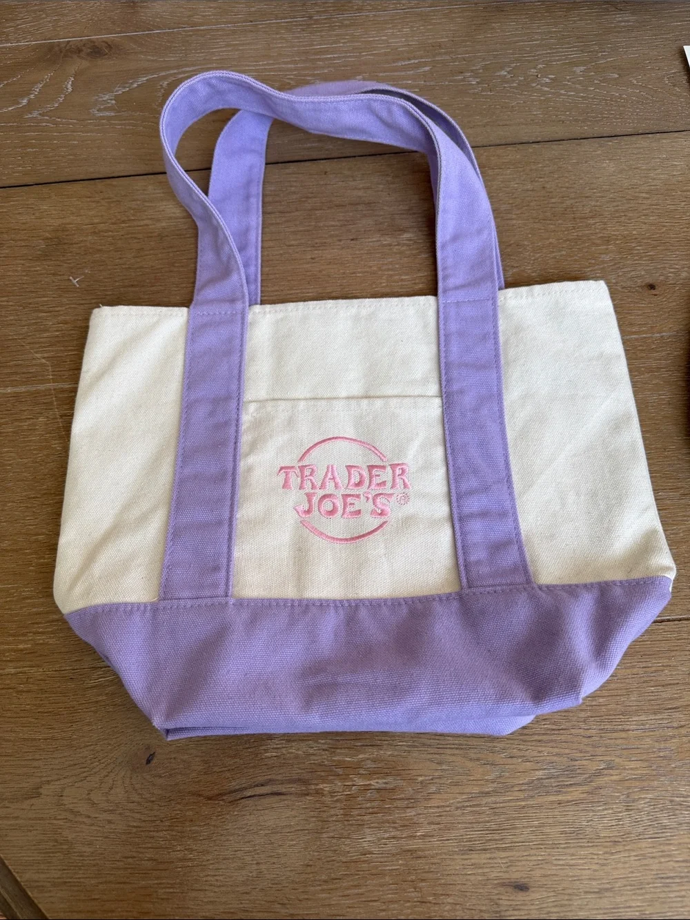 Trader Joe’s mini Lilac and Cream Canvas Tote Bag with Pink Logo